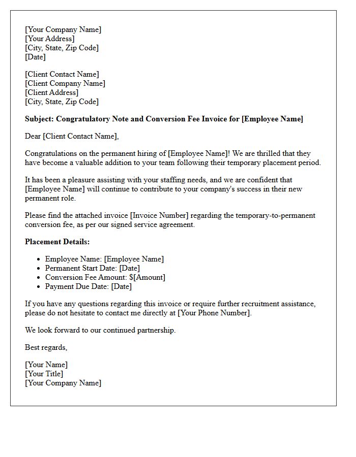 Congratulatory Temporary to Permanent Conversion Fee Invoice Letter