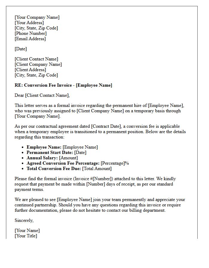 Contractual Agreement Temporary to Permanent Conversion Fee Invoice Letter