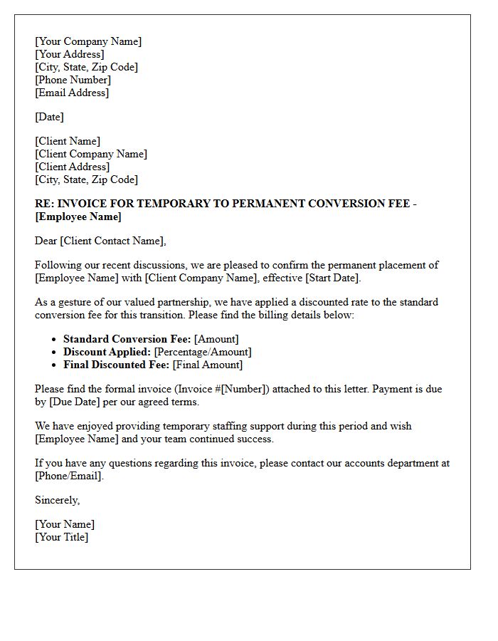 Discounted Rate Temporary to Permanent Conversion Fee Invoice Letter