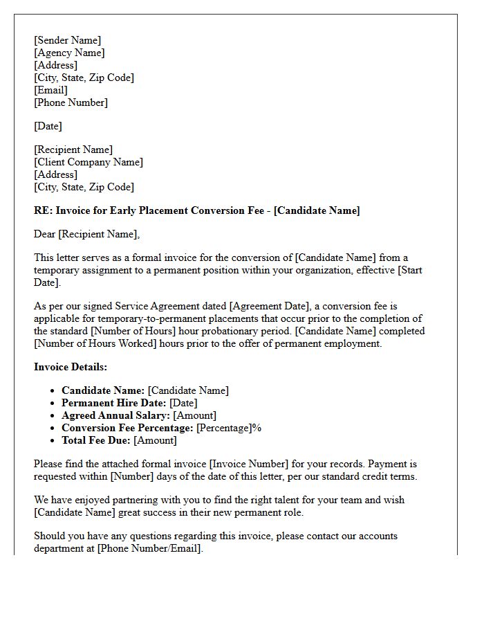 Early Placement Temporary to Permanent Conversion Fee Invoice Letter