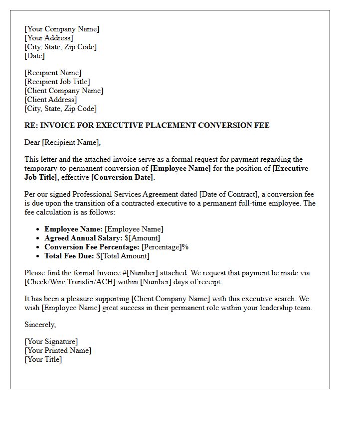 Executive Level Temporary to Permanent Conversion Fee Invoice Letter