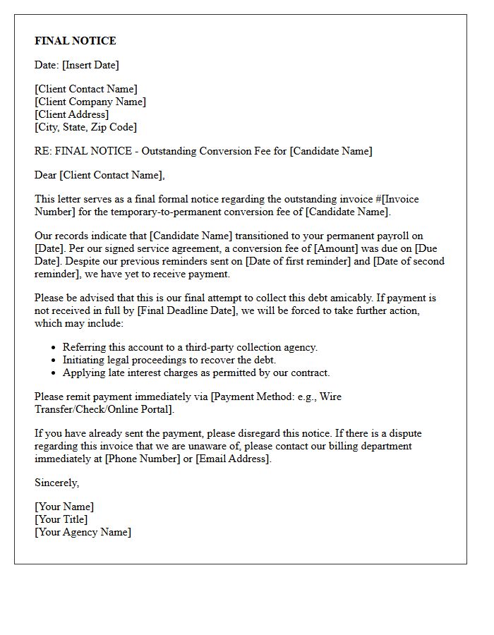 Final Notice Temporary to Permanent Conversion Fee Invoice Letter