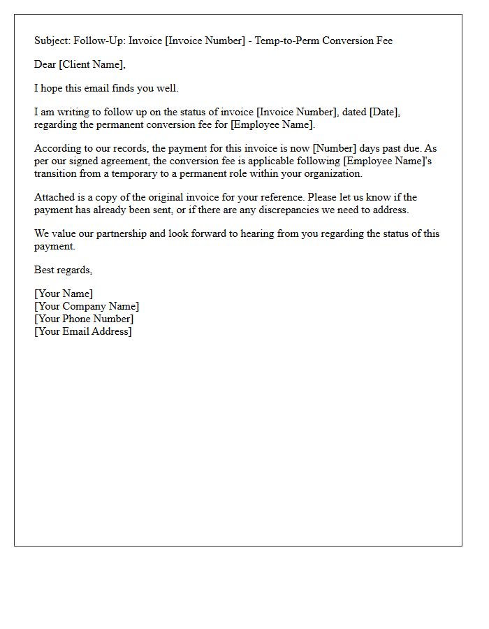 Follow-Up Temporary to Permanent Conversion Fee Invoice Letter