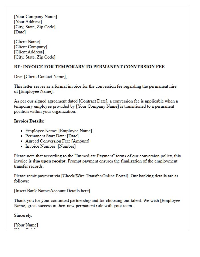 Immediate Payment Temporary to Permanent Conversion Fee Invoice Letter