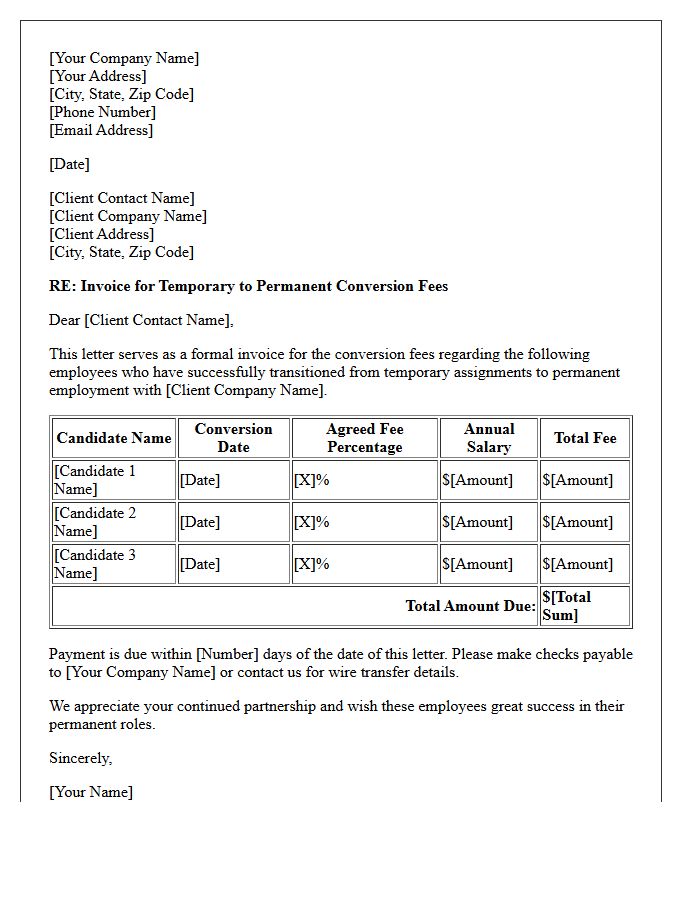 Multiple Candidate Temporary to Permanent Conversion Fee Invoice Letter