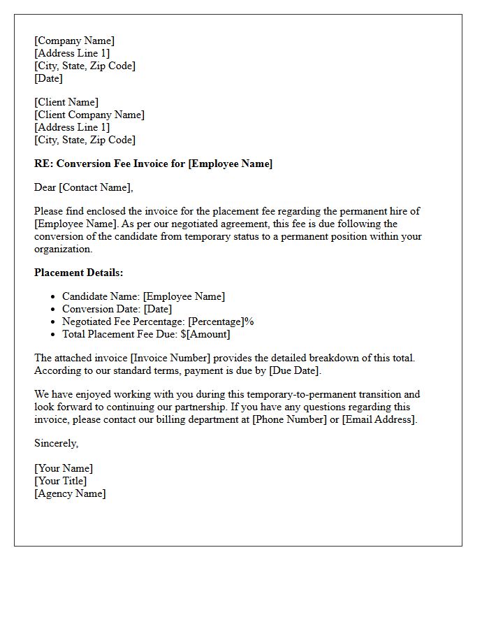 Negotiated Agreement Temporary to Permanent Conversion Fee Invoice Letter