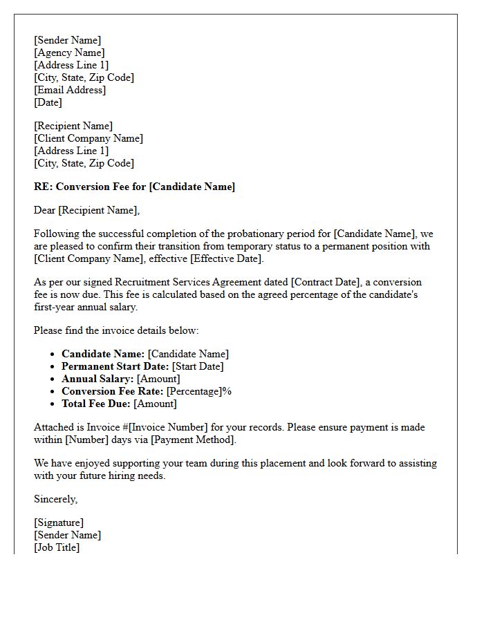 Post-Probation Temporary to Permanent Conversion Fee Invoice Letter