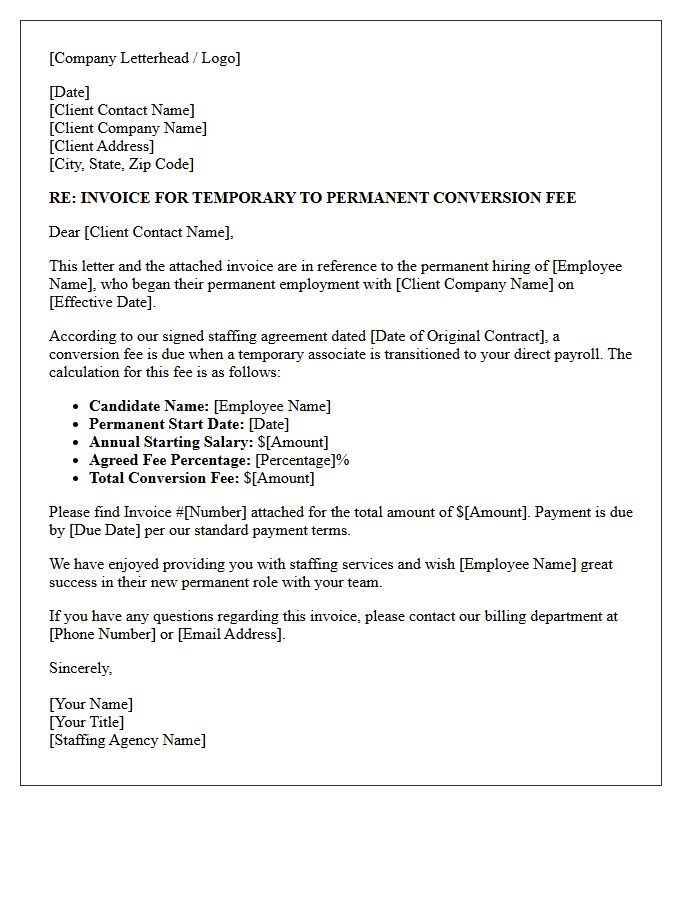 Standard Temporary to Permanent Conversion Fee Invoice Letter