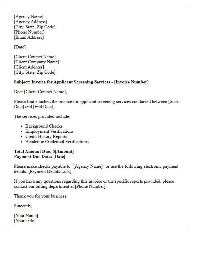 Agency Billing Letter for Applicant Screening Services