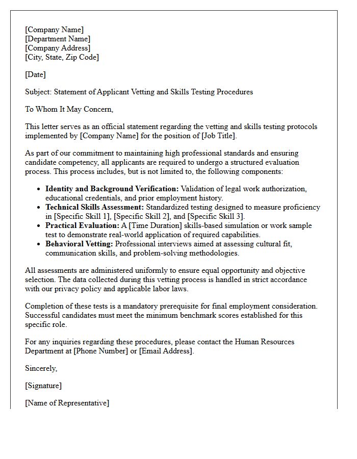 Applicant Vetting and Skills Testing Statement Letter