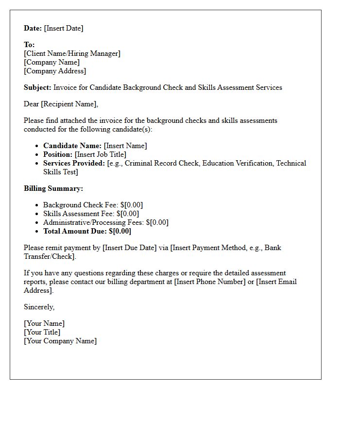 Candidate Background Check and Skills Assessment Billing Letter