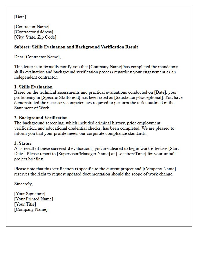 Contractor Skills Evaluation and Background Verification Letter