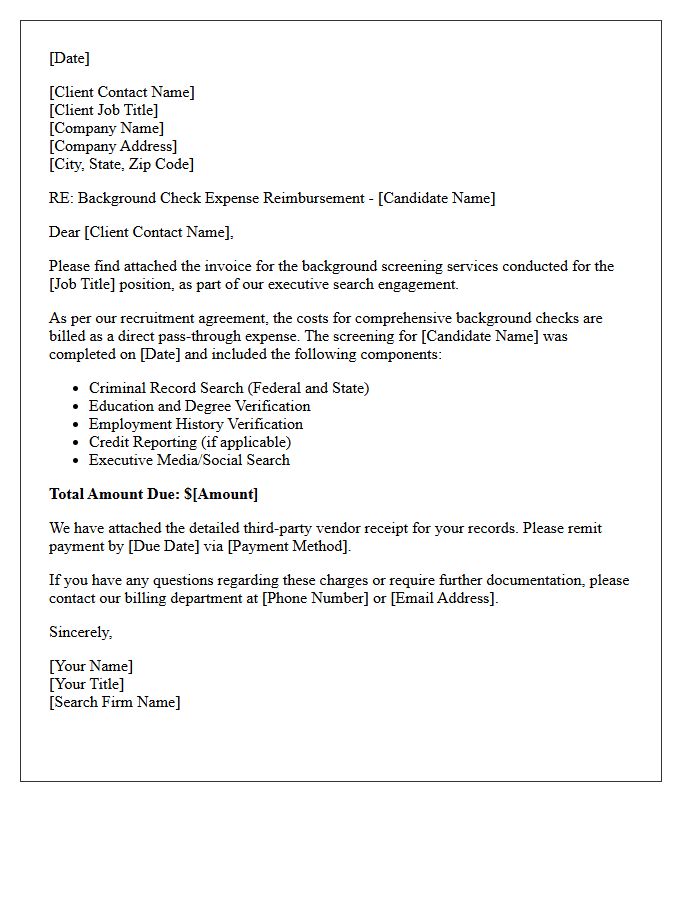 Executive Search Background Check Expense Billing Letter