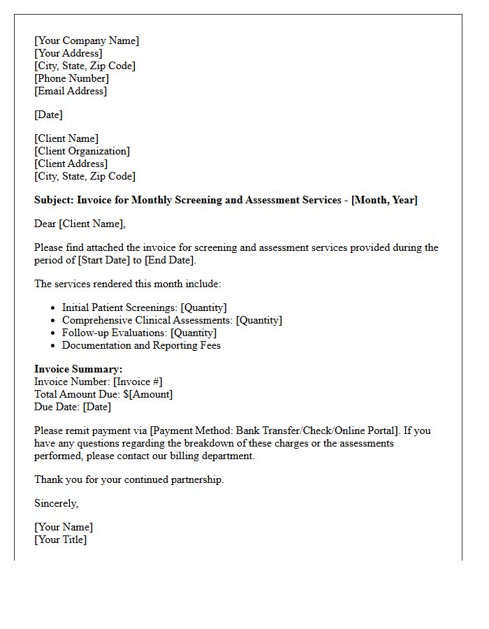 Monthly Screening and Assessment Services Invoice Letter