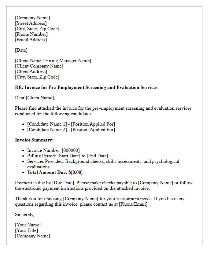 Pre-Employment Screening and Evaluation Invoice Letter