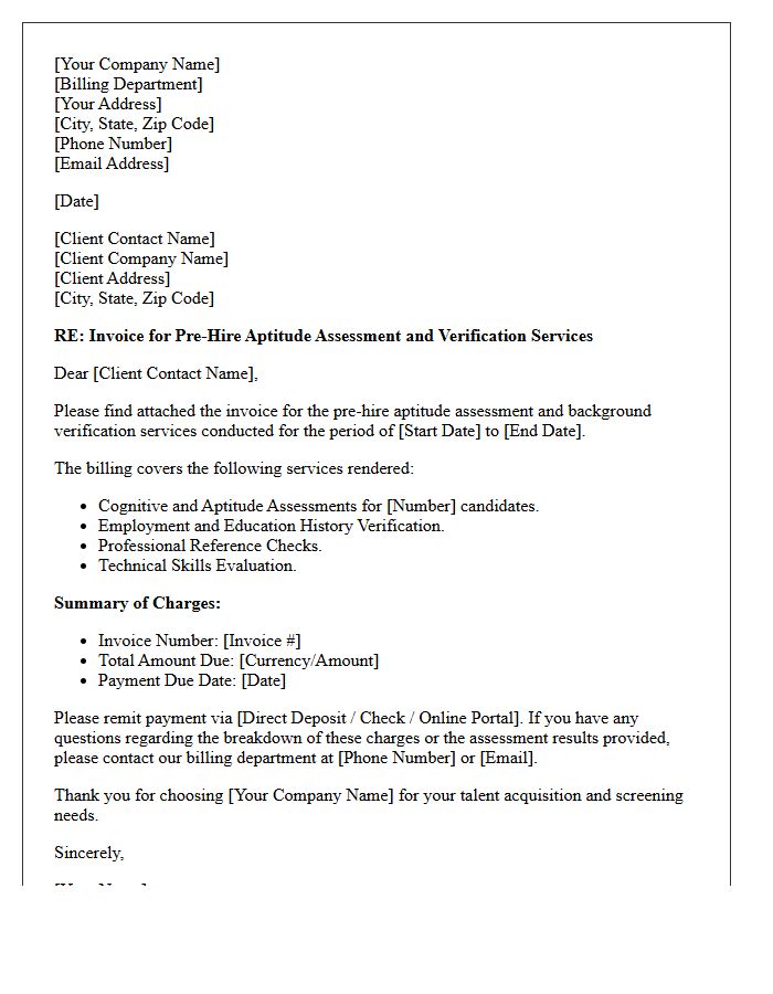 Pre-Hire Aptitude Assessment and Verification Billing Letter