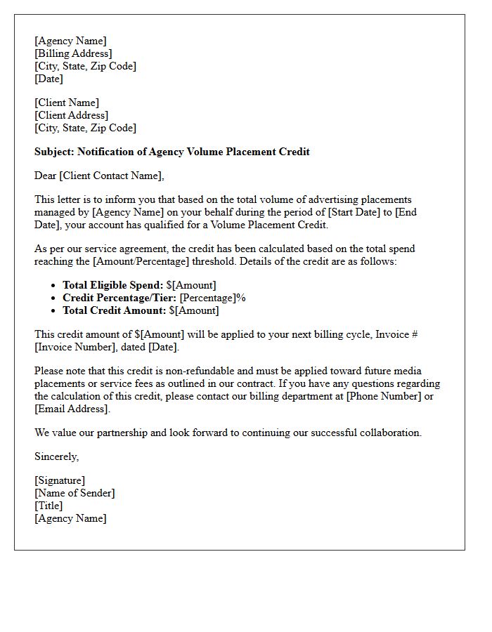 Agency Volume Placement Credit Billing Letter