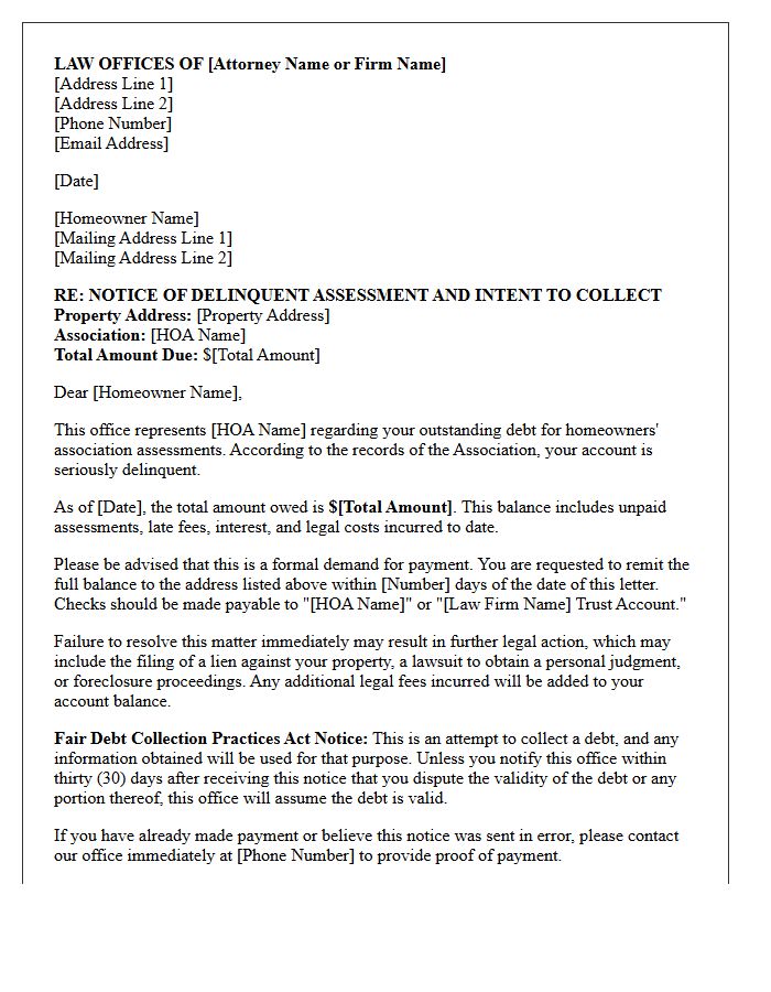 Attorney Debt Collection Letter for Outstanding HOA Dues