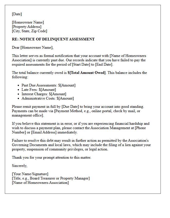 Debt Collection Letter for Delinquent HOA Assessments