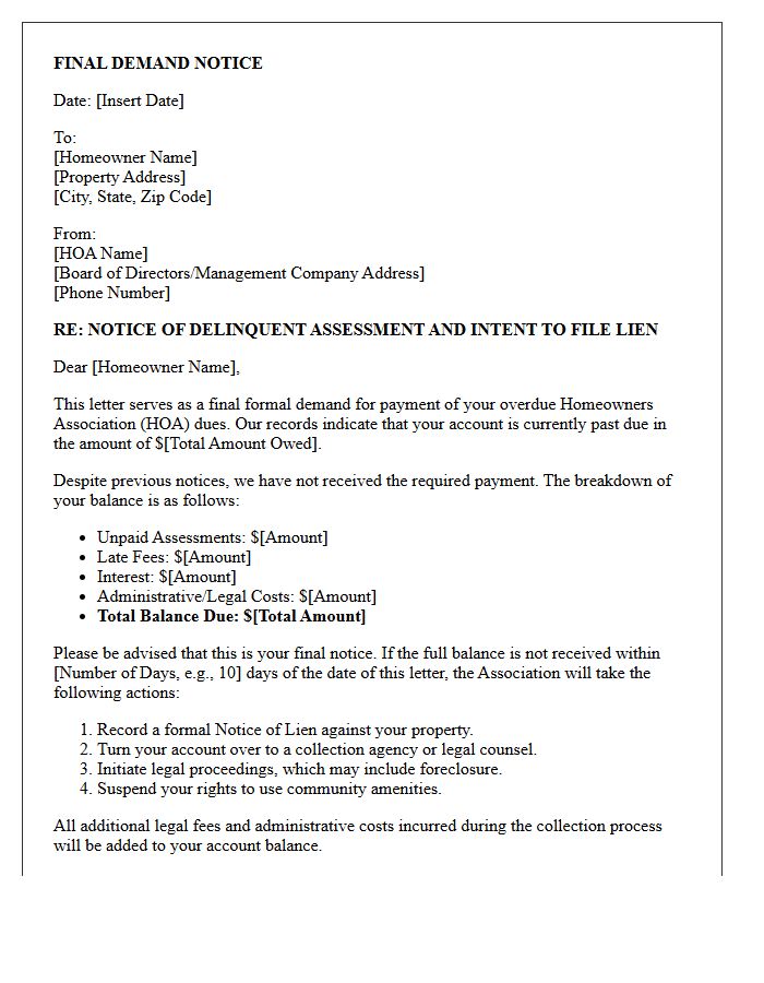 Final Demand Letter for Unpaid Homeowner Association Dues