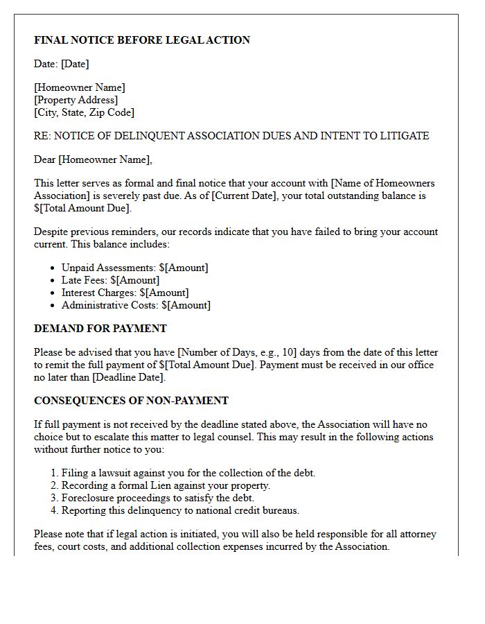 Final Notice Letter Before Legal Action for Association Dues