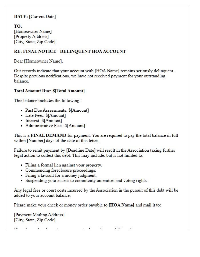 Final Payment Demand Letter for Delinquent HOA Accounts