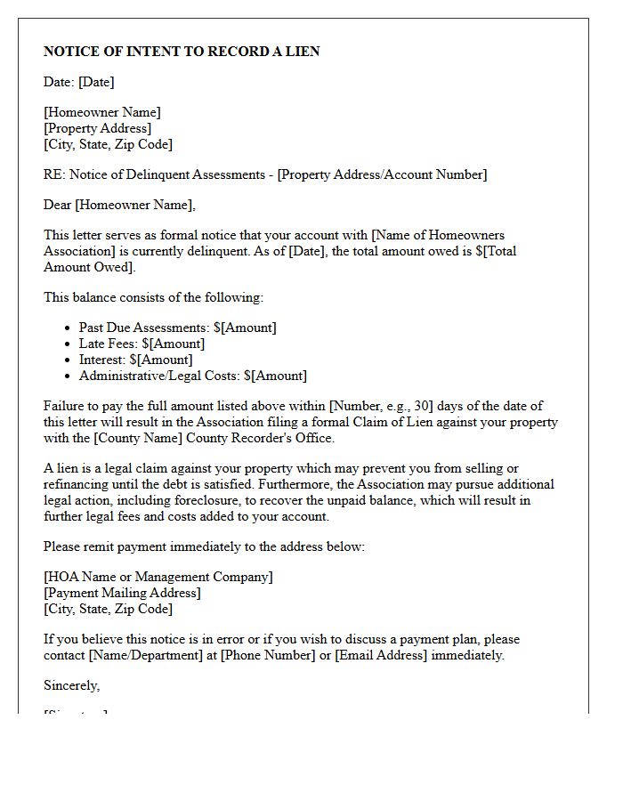 Intent to File Lien Letter for Unpaid Homeowner Association Fees