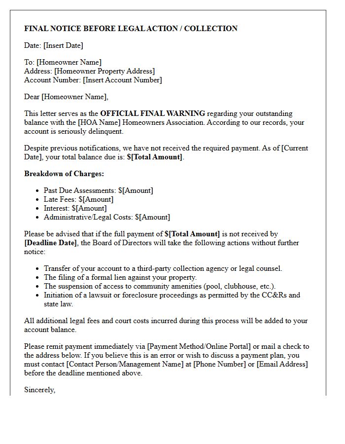 Official Final Warning Letter for Past Due HOA Fees