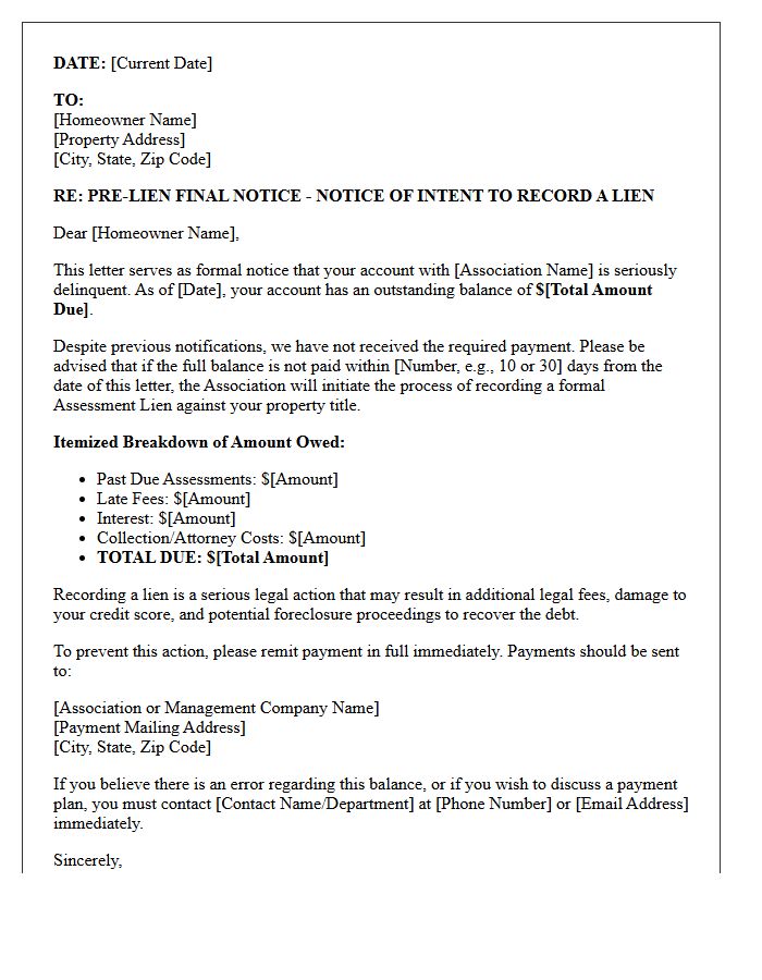 Pre-Lien Final Notice Letter for Unpaid Association Balances