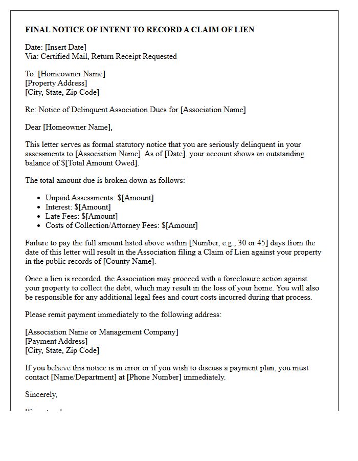 Statutory Final Notice Letter for Unpaid Association Dues