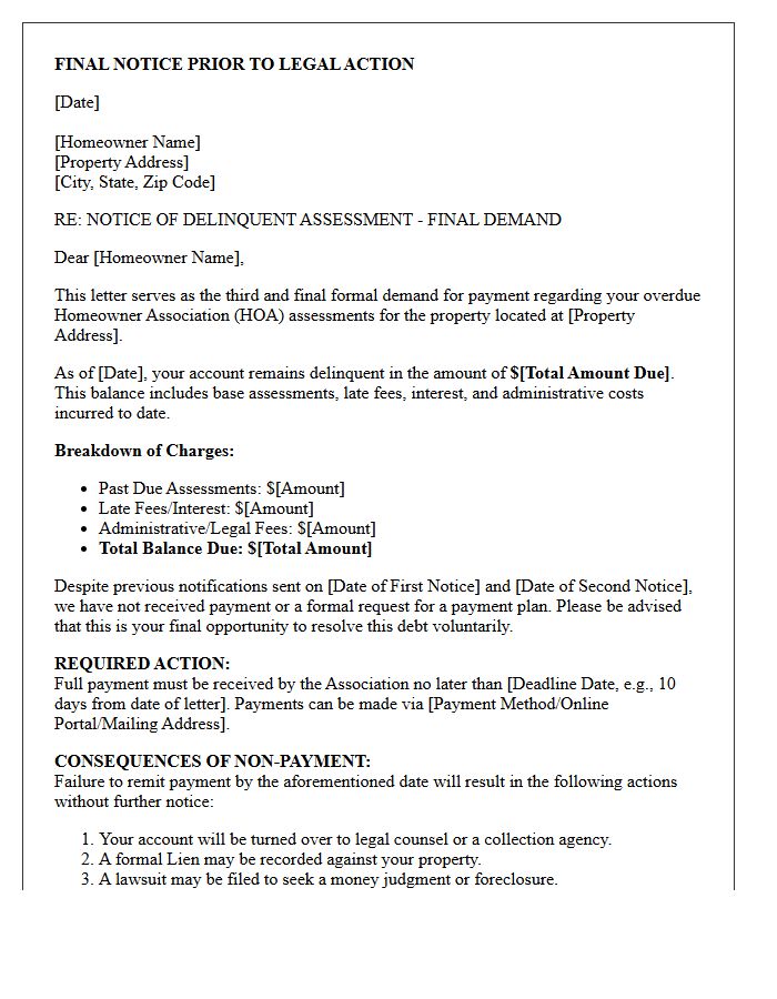 Third and Final Demand Letter for Homeowner Association Arrears
