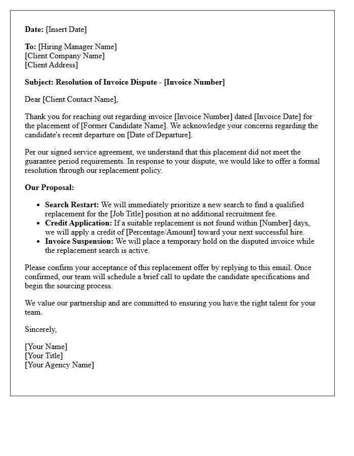 Candidate Replacement Offer Letter in Response to Invoice Dispute