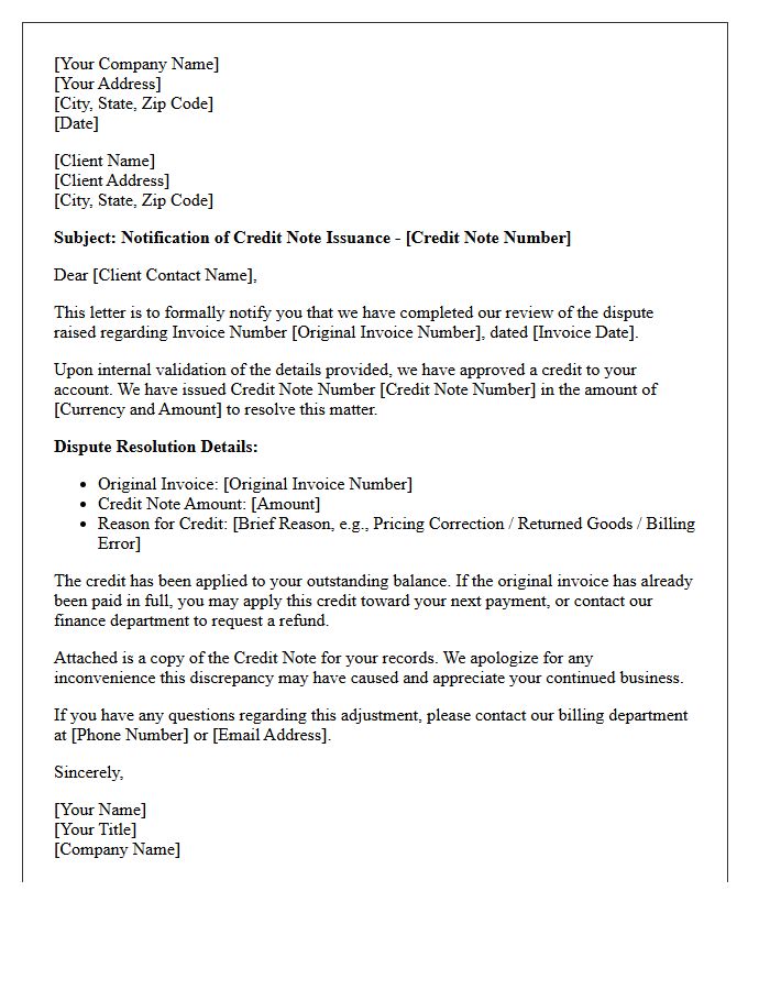 Credit Note Issuance Letter for Validated Client Invoice Dispute