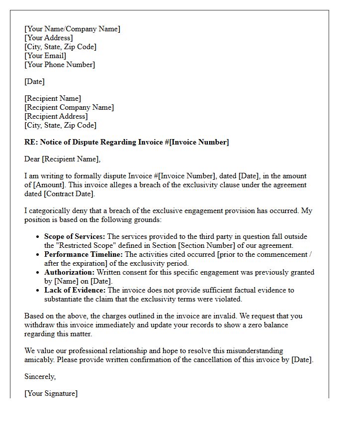 Exclusive Engagement Breach Invoice Dispute Response Letter