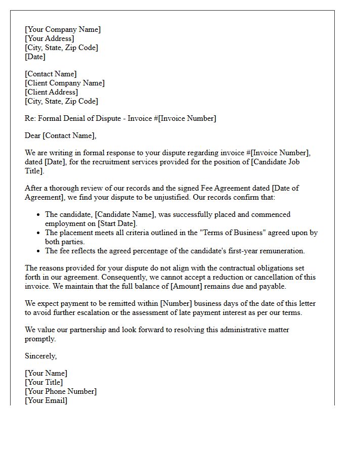 Firm Denial Letter for Unjustified Recruitment Invoice Dispute