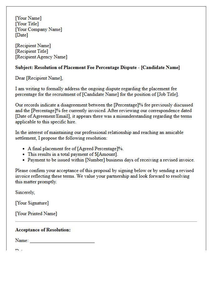 Letter Regarding Placement Fee Percentage Dispute Resolution