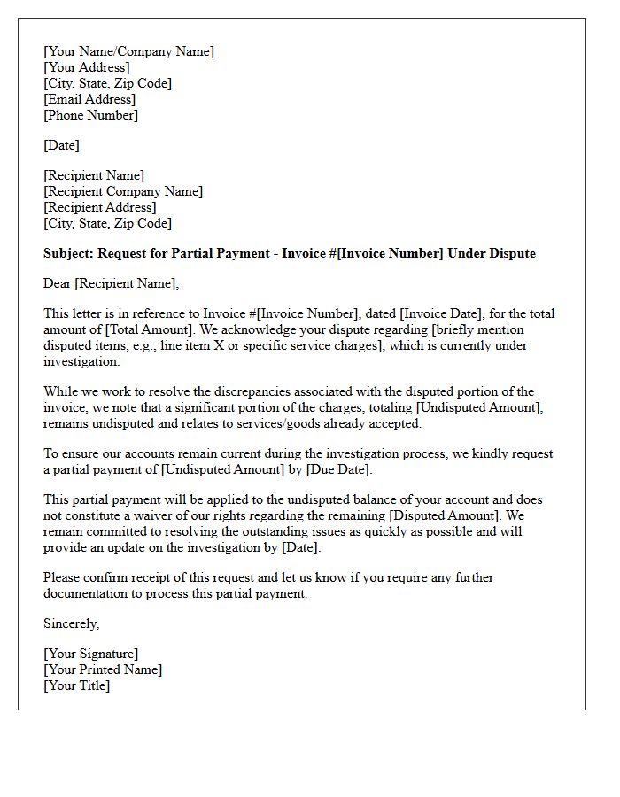 Partial Payment Request Letter During Invoice Dispute Investigation