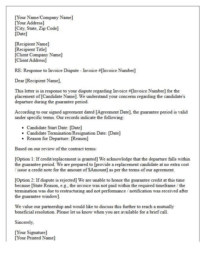 Response Letter Addressing Candidate Guarantee Period Invoice Dispute