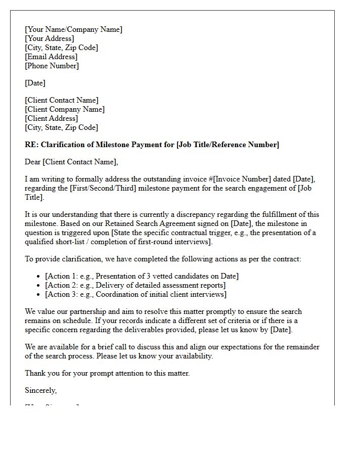 Retained Search Milestone Payment Dispute Clarification Letter