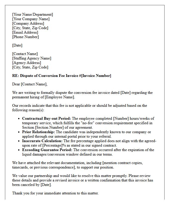 Temp-To-Perm Conversion Fee Invoice Dispute Response Letter