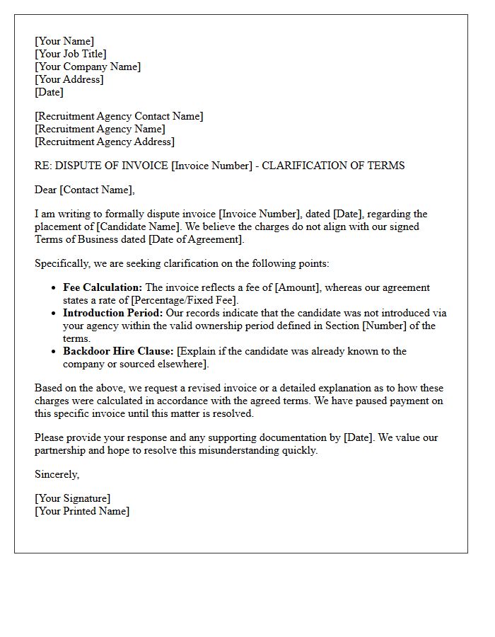 Terms of Business Clarification Letter for Disputed Recruitment Invoice