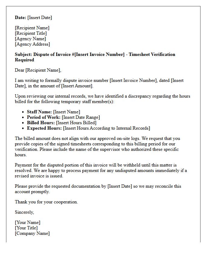 Timesheet Verification Letter for Temporary Staff Invoice Dispute