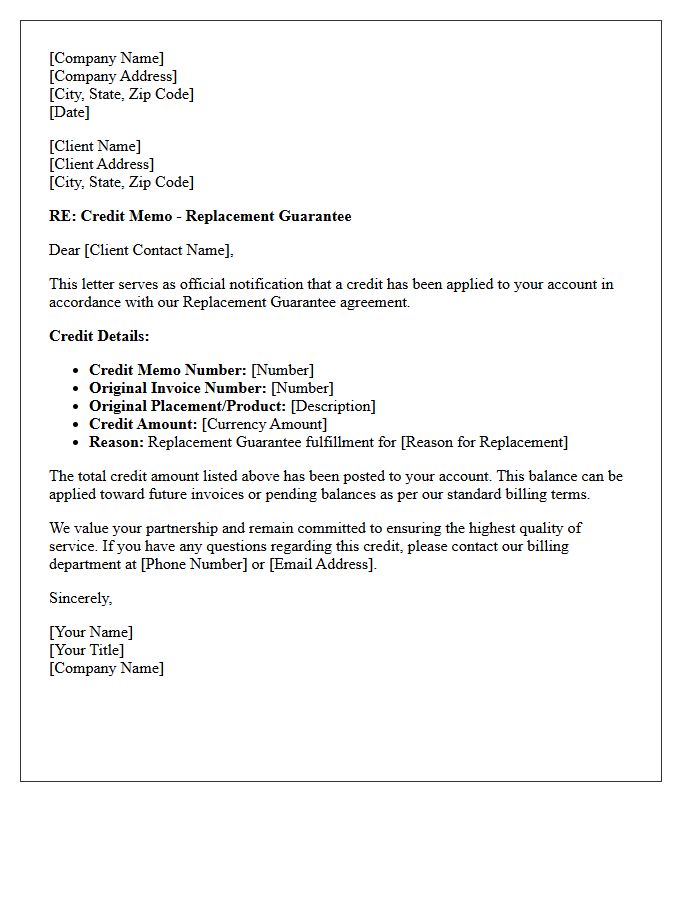 Client Account Replacement Guarantee Credit Memo Letter