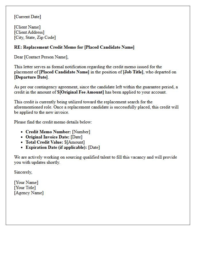 Contingency Placement Replacement Credit Memo Letter
