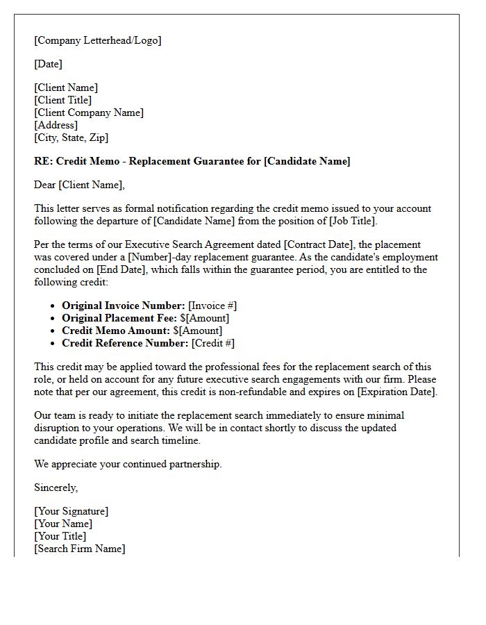 Executive Search Replacement Guarantee Credit Memo Letter
