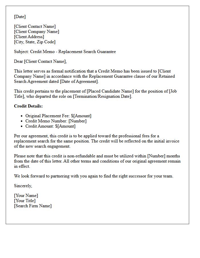 Retained Search Guarantee Credit Memo Letter