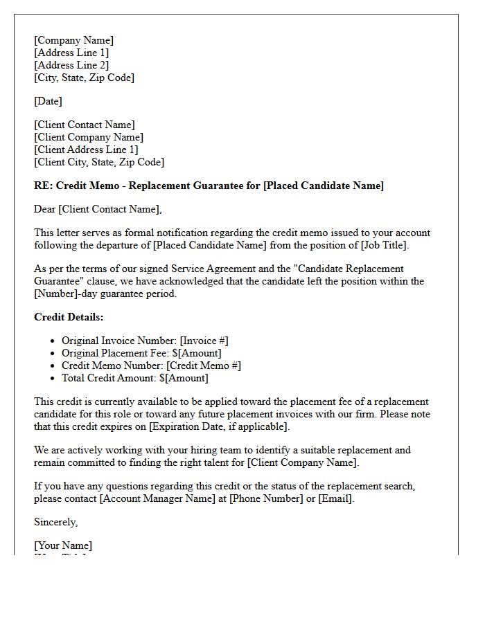 Standard Candidate Replacement Guarantee Credit Memo Letter