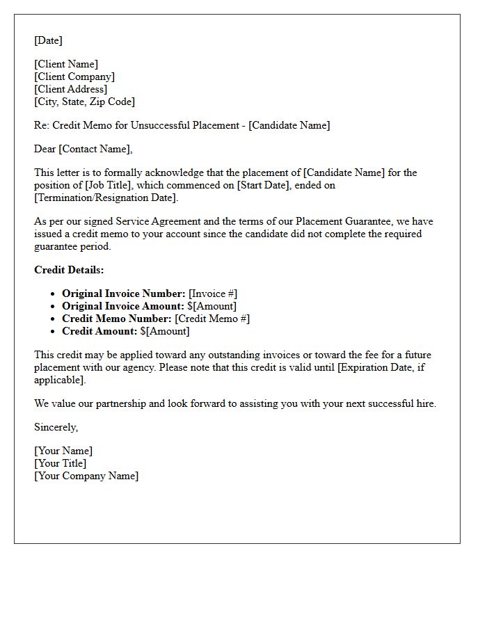 Unsuccessful Placement Guarantee Credit Memo Letter