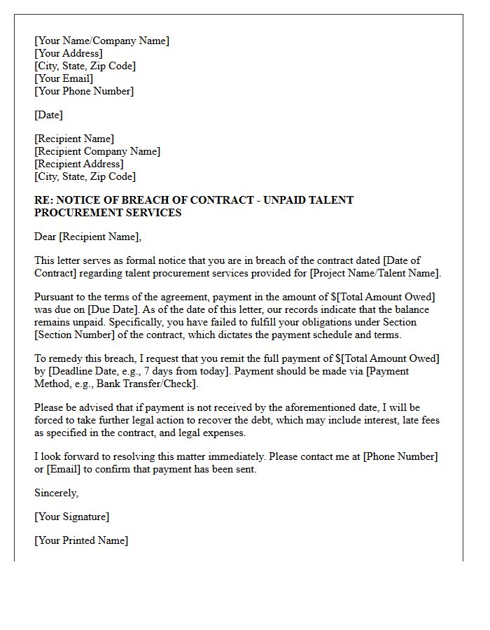 Breach of Contract Letter for Unpaid Talent Procurement