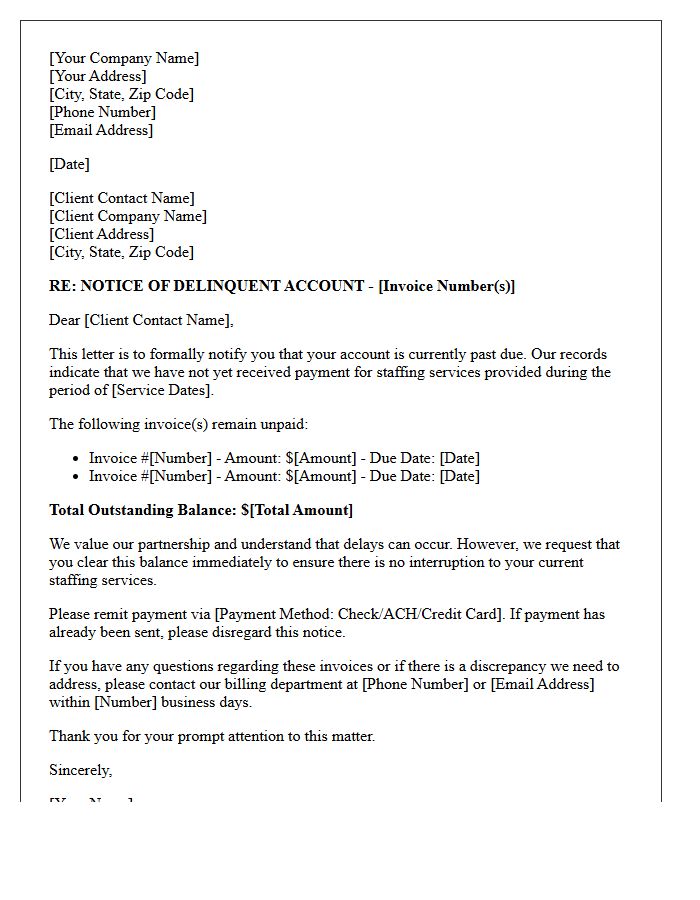 Delinquent Account Letter for Unpaid Staffing Services